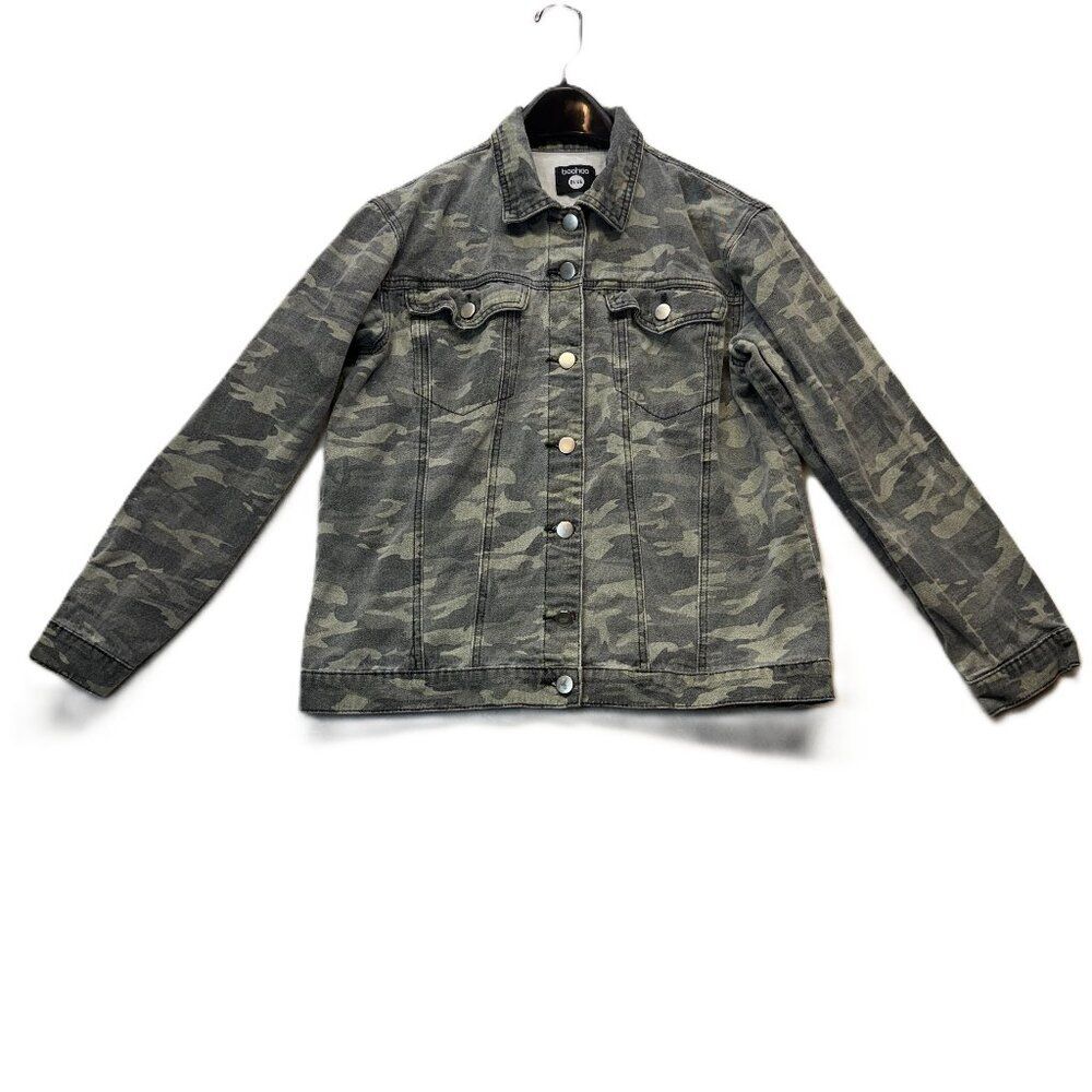 boohoo Camo Denim Jacket  Button‑Front Utility Jacket  Women’s 8